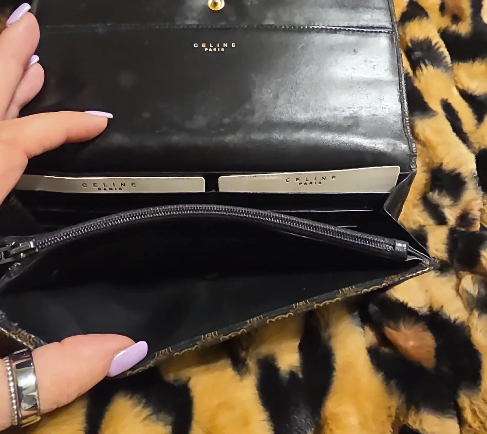 Celine Black and Brown Monogram Fold-Over Wallet